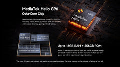 Ulefone Armor 22 rugged smartphone ad showing MediaTek Helio G96 chip and memory specs up to 16GB RAM and 256GB ROM
