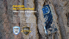 Ulefone Armor 22 rugged smartphone covered in mud showing IP68 IP69K and MIL STD 810H proof ruggedness