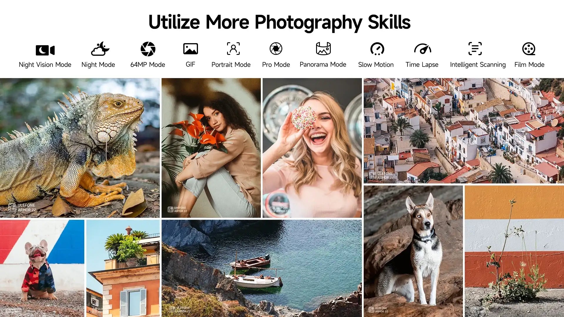Ulefone Armor 22 rugged smartphone photography demo collage showing iguana portrait woman cityscape boat and dog