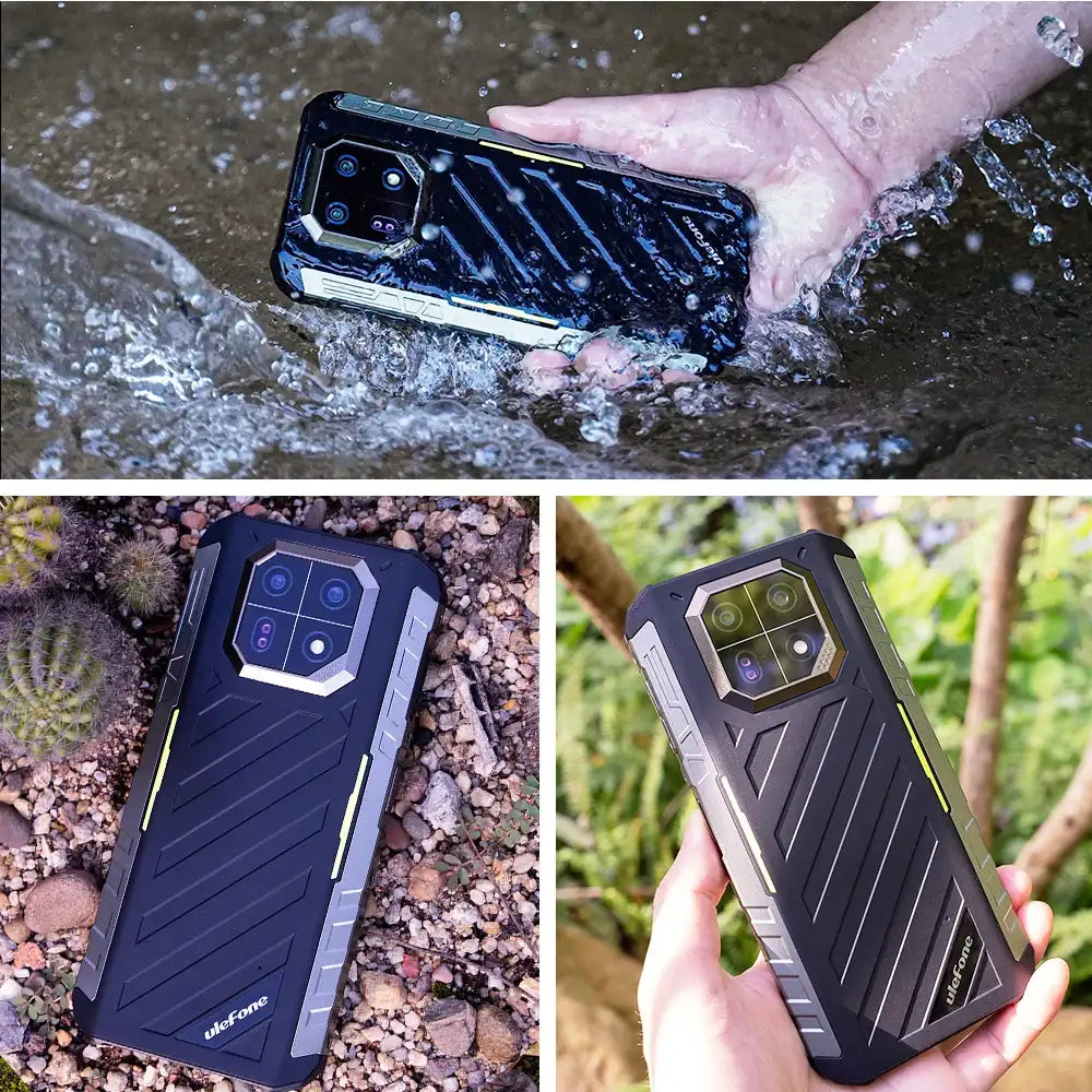 Ulefone Armor 22 rugged smartphone shown wet in water and on rocks demonstrating waterproof durability and textured grip