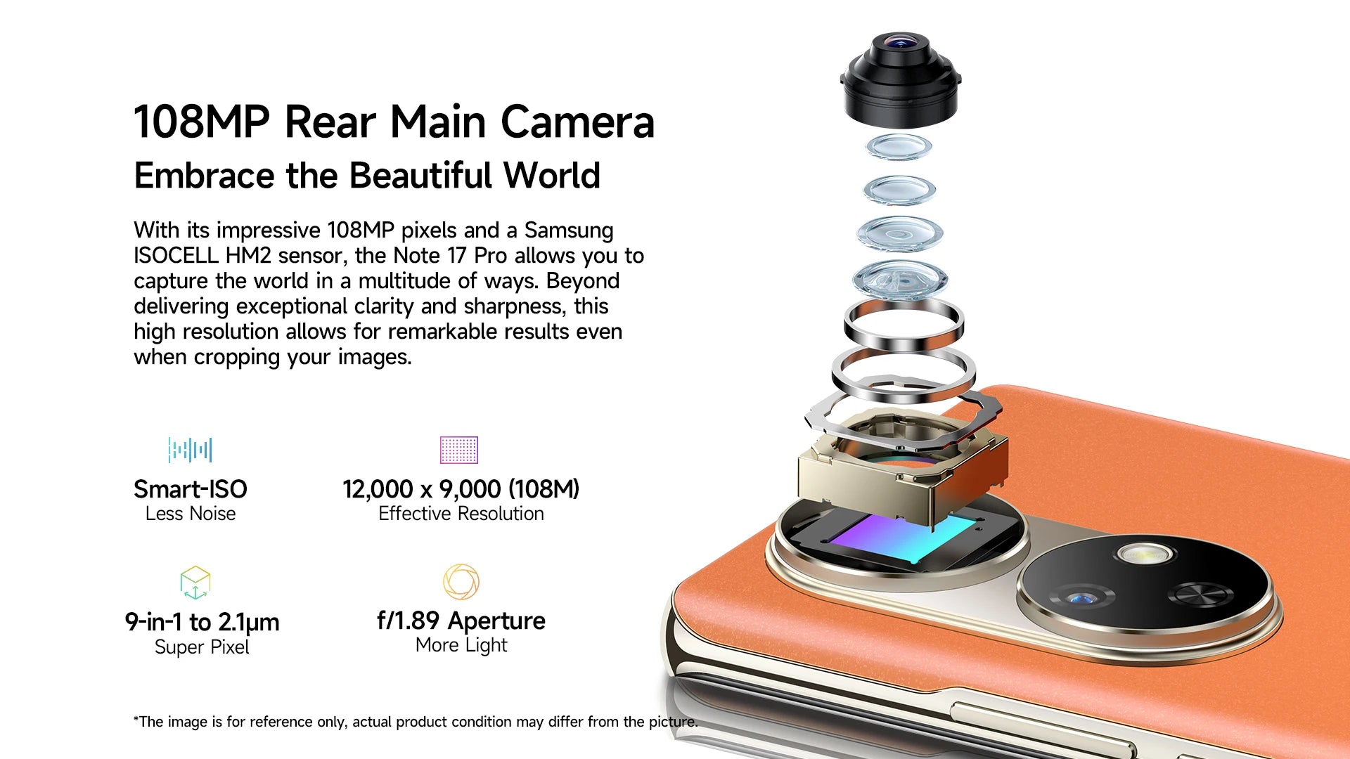 Ulefone Note 17 Pro smartphone orange back displaying exploded 108MP rear main camera module and dual camera bump