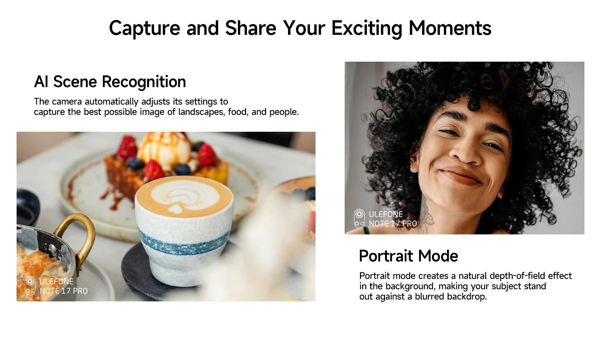 Ulefone Note 17 Pro smartphone displaying coffee closeup and smiling woman portrait showing AI scene recognition and portrait mode