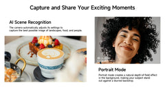Ulefone Note 17 Pro smartphone displaying coffee closeup and smiling woman portrait showing AI scene recognition and portrait mode