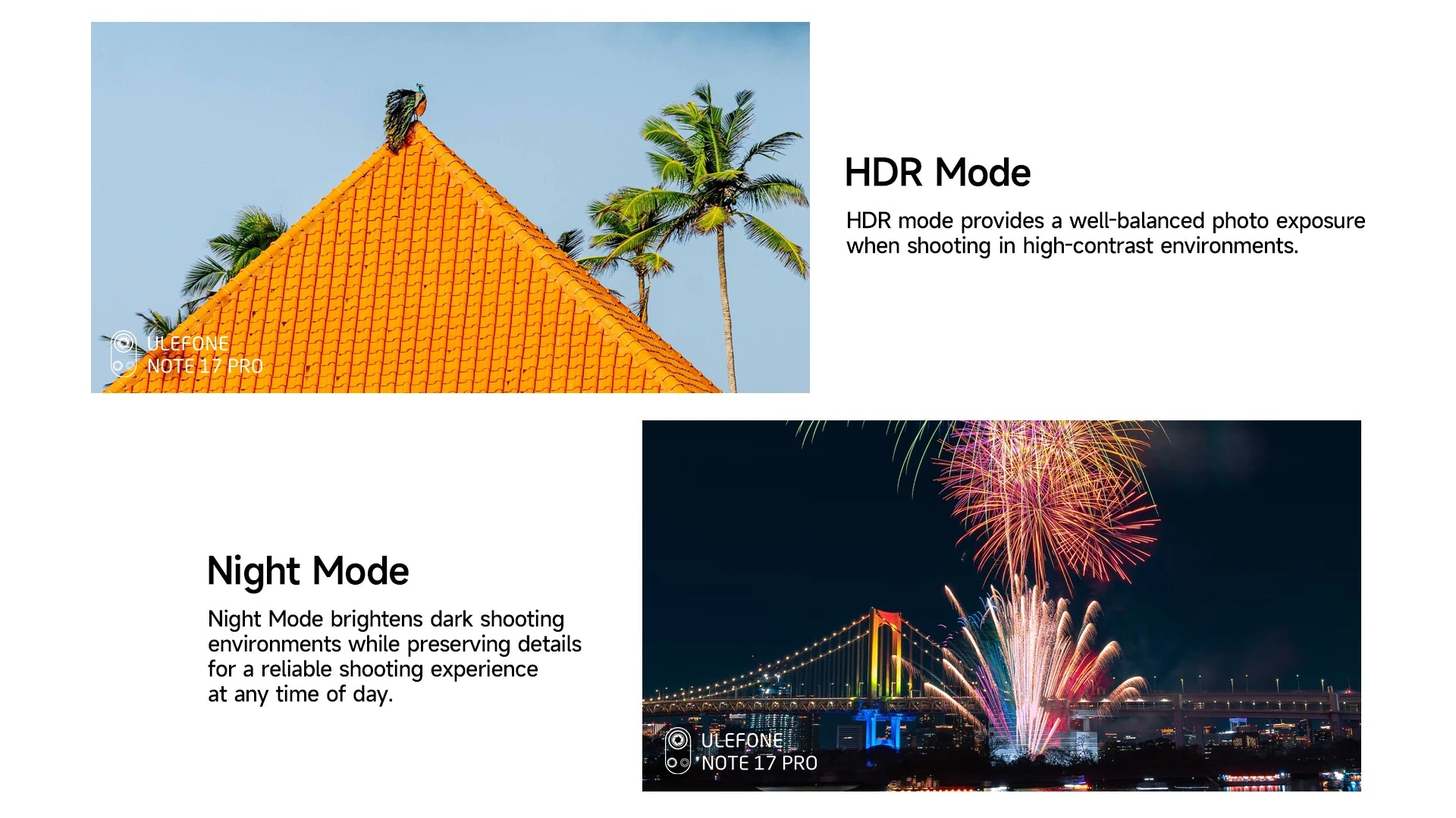 Ulefone Note 17 Pro smartphone sample images showing HDR rooftop with palm trees and Night Mode fireworks over city bridge