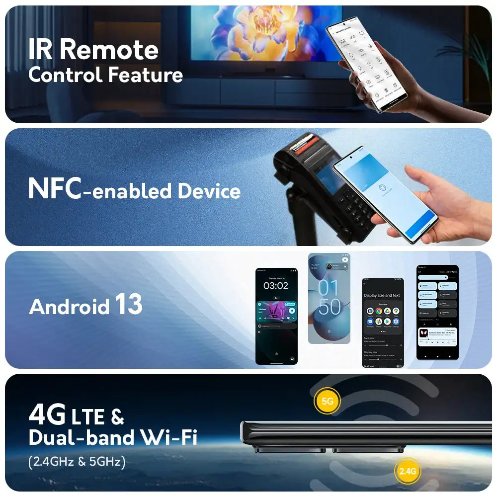 Ulefone Note 17 Pro smartphone showcasing IR remote NFC Android 13 and 4G LTE dual band WiFi features
