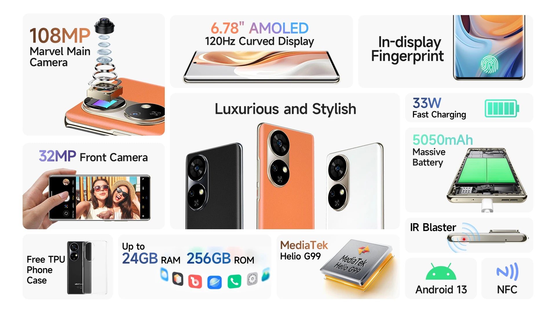 Ulefone Note 17 Pro smartphone collage showing 108MP main camera 6.78 inch AMOLED 120Hz display 5050mAh battery and specs