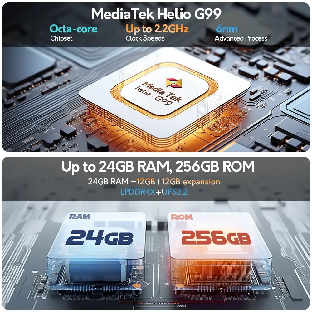 Ulefone Note 17 Pro smartphone showing MediaTek Helio G99 octa core up to 2.2GHz and up to 24GB RAM 256GB ROM