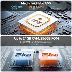 Ulefone Note 17 Pro smartphone showing MediaTek Helio G99 octa core up to 2.2GHz and up to 24GB RAM 256GB ROM