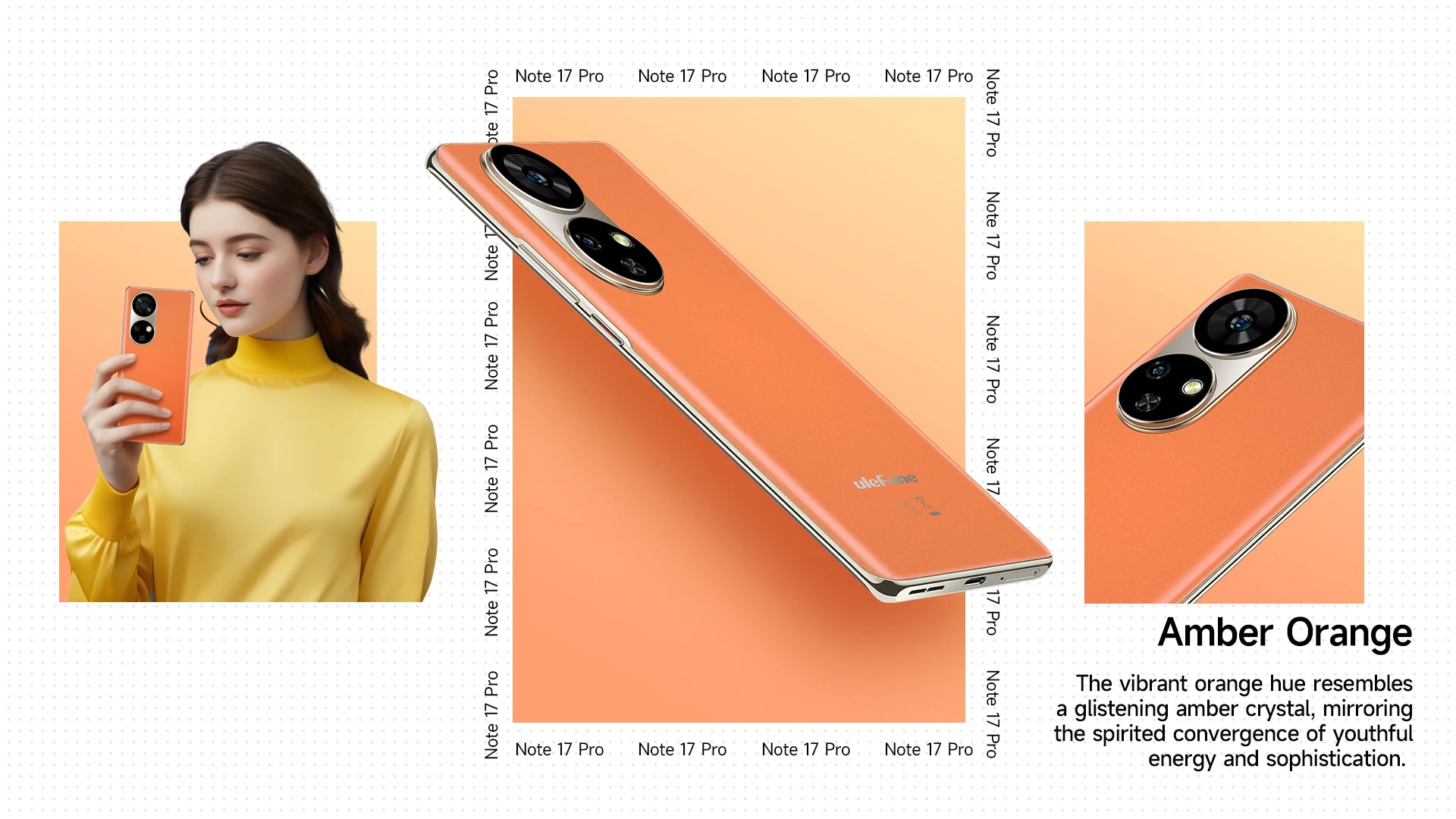 Ulefone Note 17 Pro smartphone Amber Orange slim angled back view with dual circular cameras and woman holding phone