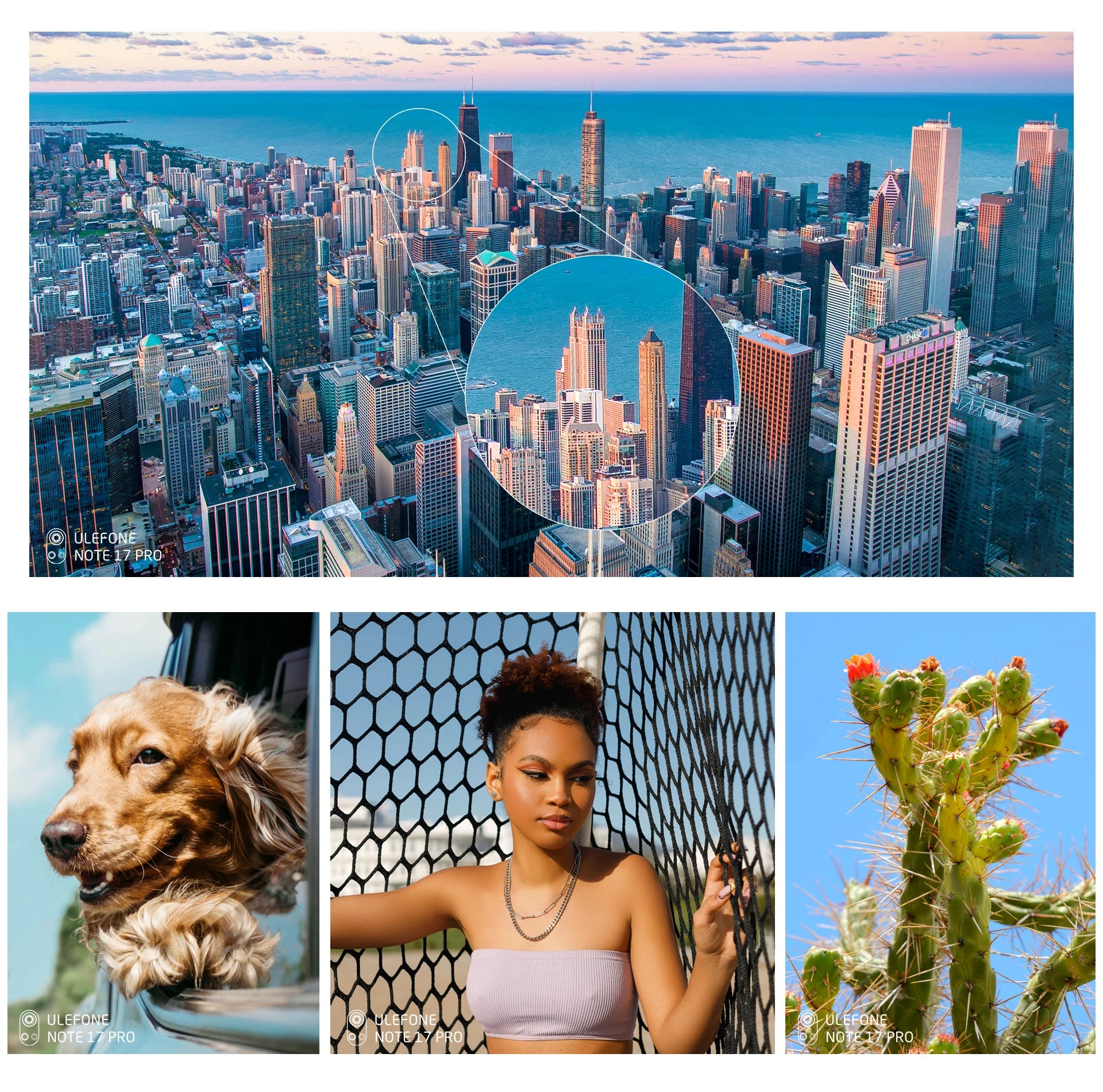 Ulefone Note 17 Pro smartphone photo samples collage showing city skyline with zoom and close ups of dog woman and cactus