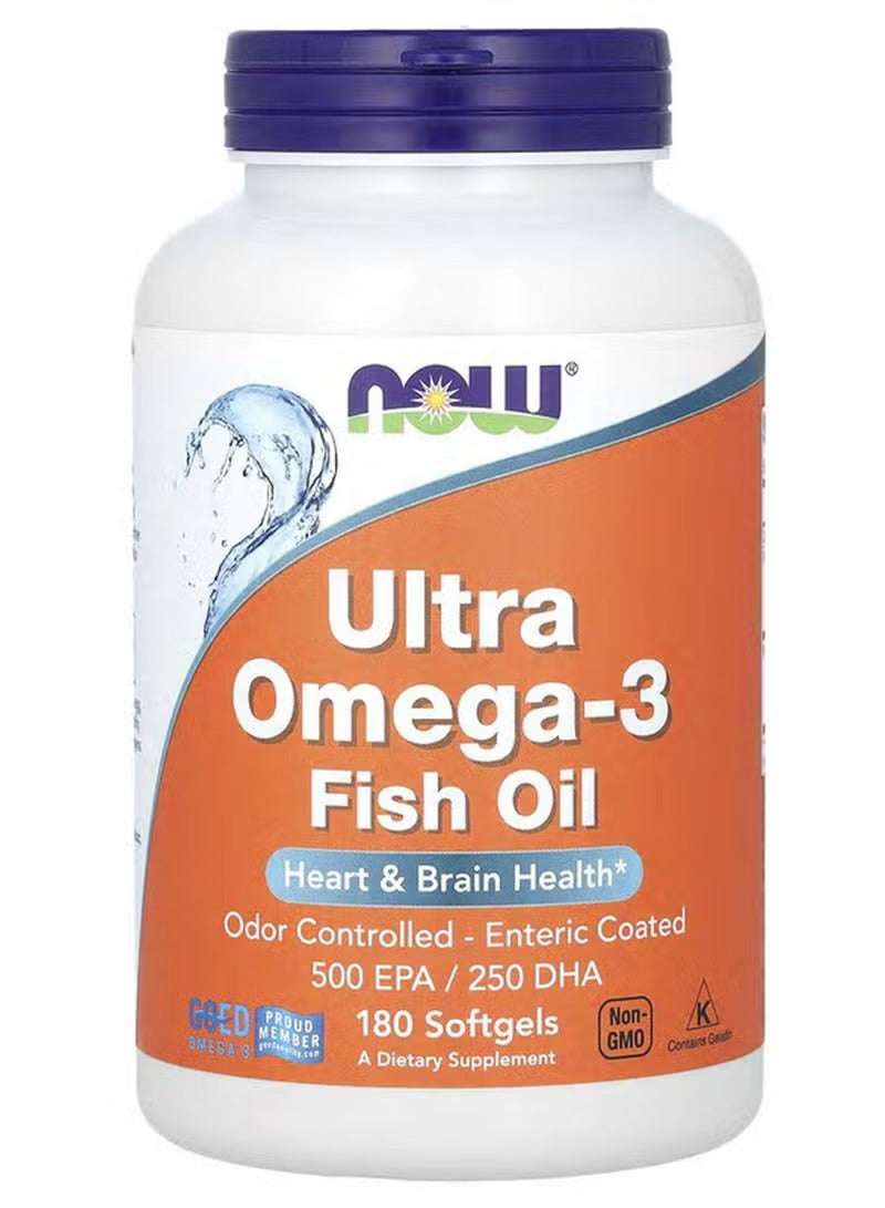NOW Foods Ultra Omega-3 Fish Oil Supplement in a 180 softgel bottle for heart and brain health