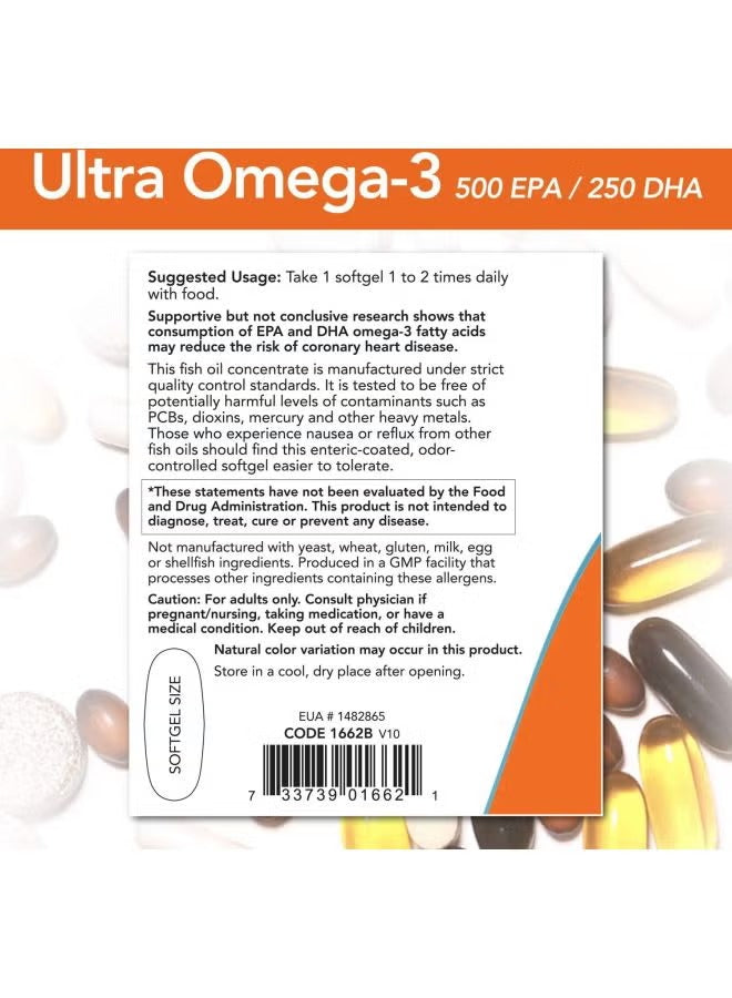 NOW Foods Ultra Omega-3 fish oil supplement softgels with 500 EPA and 250 DHA for heart health