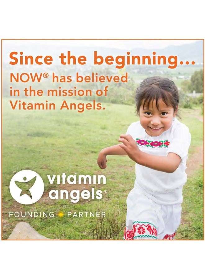 NOW Foods ultra omega-3 fish oil supplement supporting Vitamin Angels mission with happy child