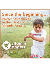 NOW Foods ultra omega-3 fish oil supplement supporting Vitamin Angels mission with happy child