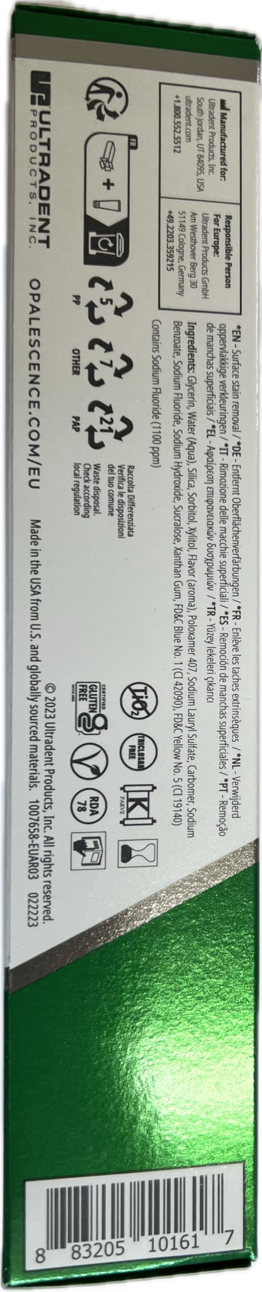 Back of Opalescence whitening toothpaste box showing instructions icons barcode and green metallic packaging