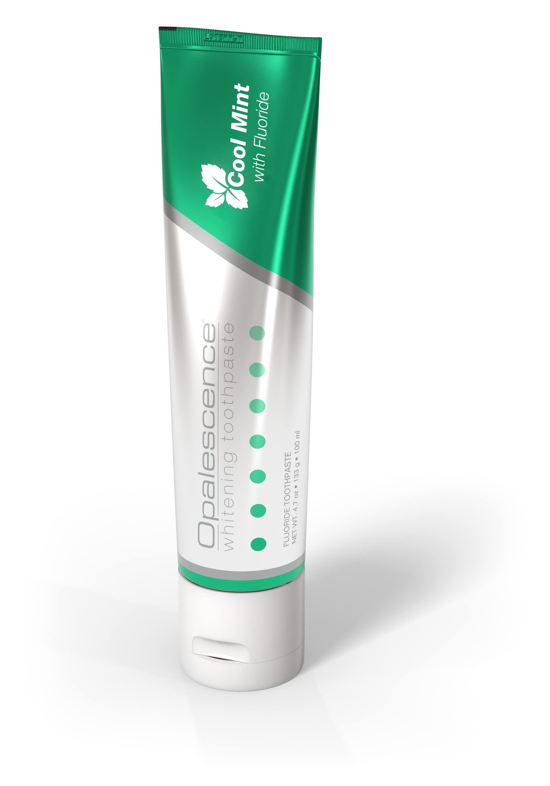 Opalescence whitening toothpaste Cool Mint tube with fluoride green and white packaging standing on cap