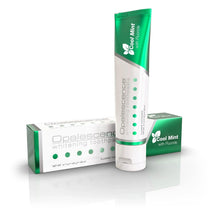 Opalescence whitening toothpaste tube, green top and white body, Cool Mint with fluoride