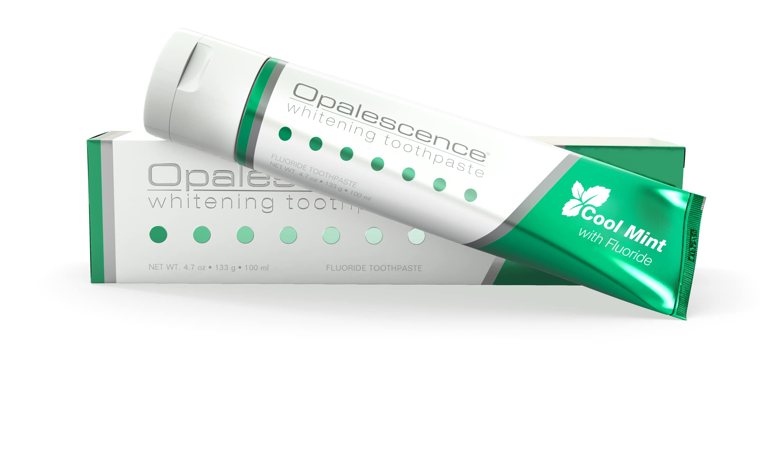 Opalescence whitening toothpaste cool mint tube and box in white and green packaging with fluoride