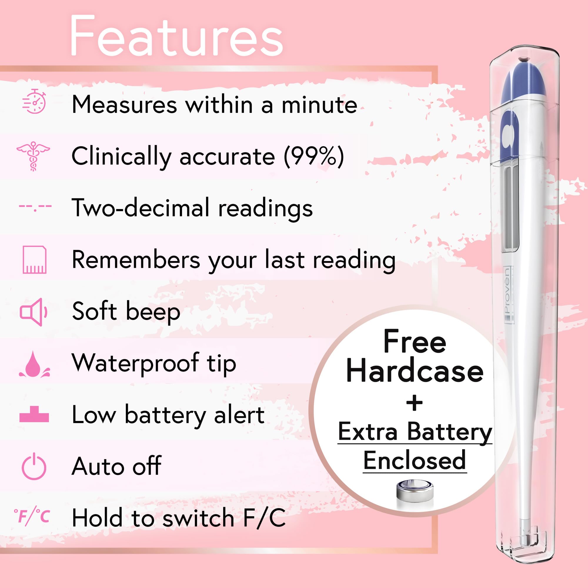 iProven digital basal body thermometer UAE with features list waterproof tip free hardcase and extra battery