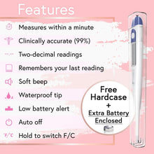 Basal body thermometer features graphic with included hardcase extra battery badge