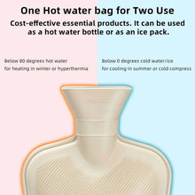 Beige hot water bottle with soft fleece cover and wide neck opening