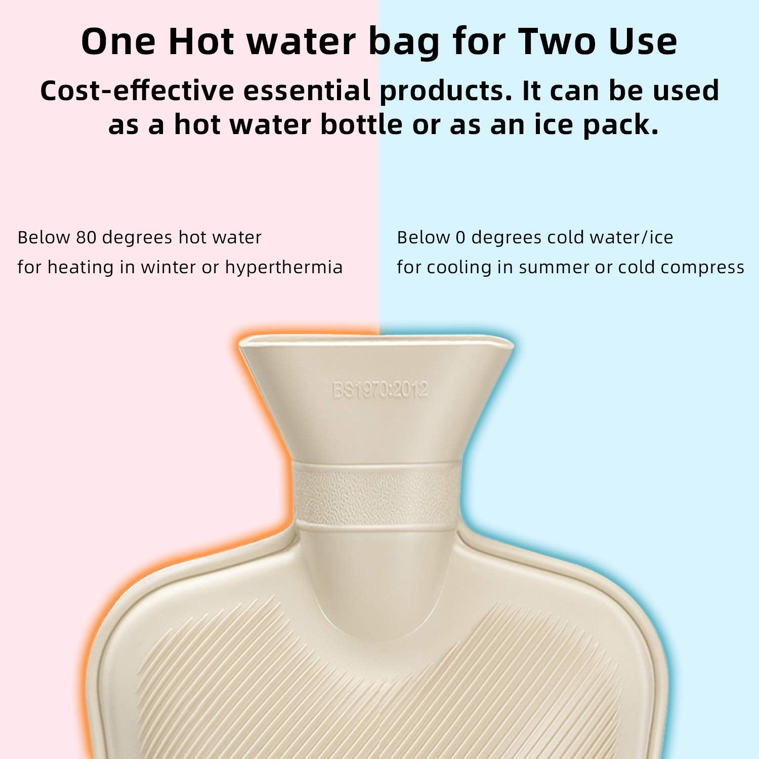 Fythao beige hot water bottle with soft cover close up against split pink and blue background