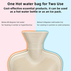 Fythao beige hot water bottle with soft cover close up against split pink and blue background