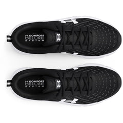 Top view of black Under Armour running shoes men with white soles and Comfort Deluxe System