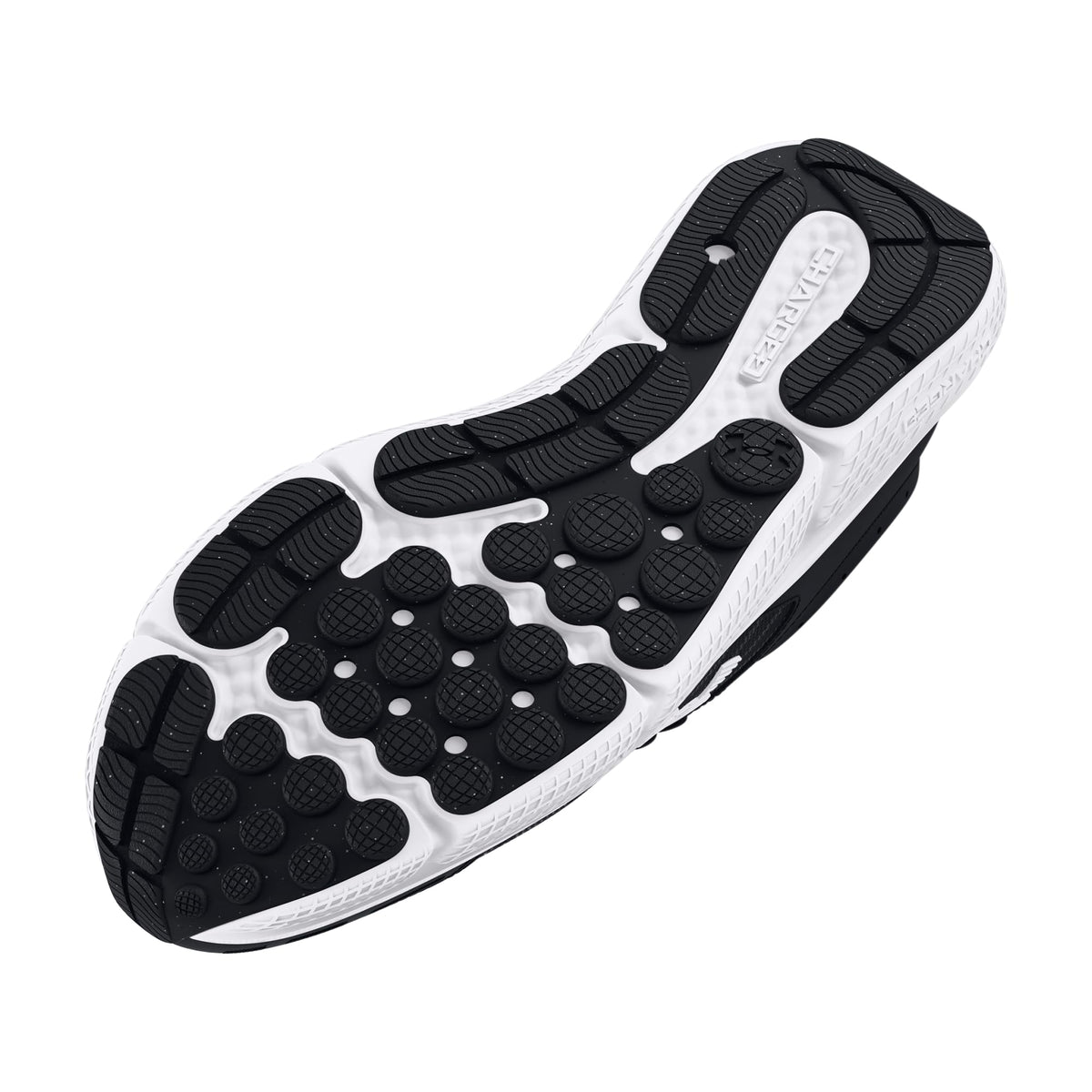 Sole view of Under Armour running shoes men showing black and white traction pattern for grip and durability