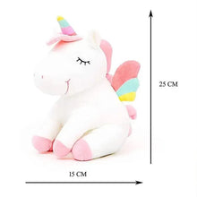 White unicorn plush with rainbow horn, striped mane; approx 15 x 25 cm