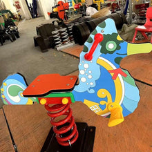 Colorful horse spring rider with orange-red spring, blue body graphic, black base