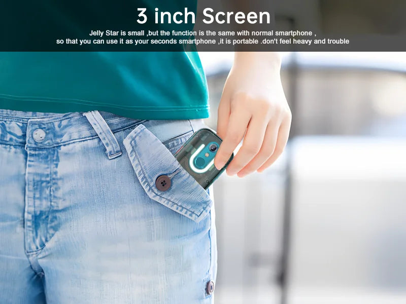 Unihertz mini smartphone android 13 pocketable 3 inch screen being slipped into jeans pocket