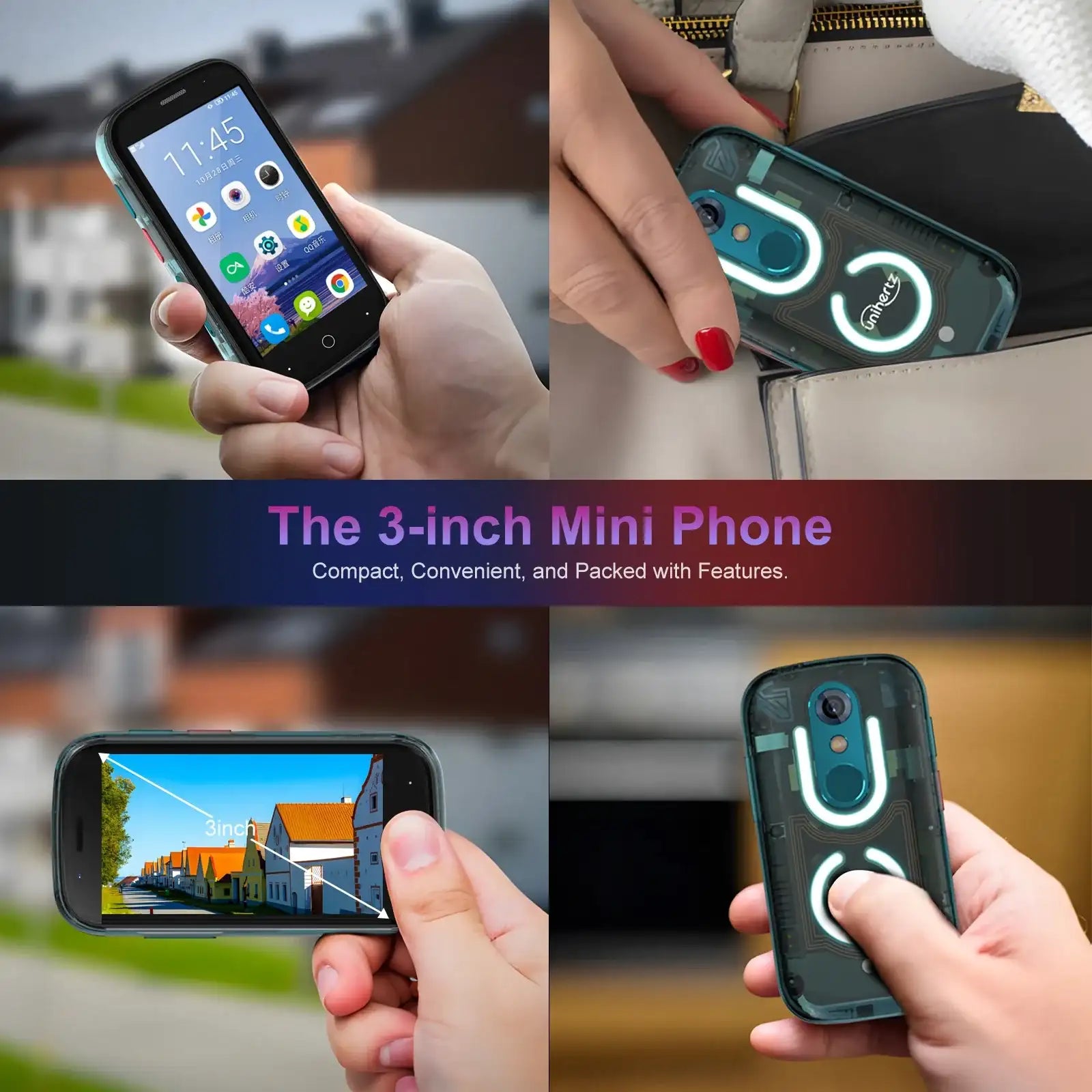 Unihertz 3 inch mini smartphone android 13 in transparent teal showing home screen camera and compact hands on use