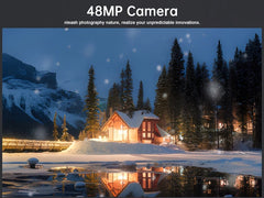 Unihertz mini smartphone android 13 showing 48MP camera sample winter cabin reflection scene with snowy landscape