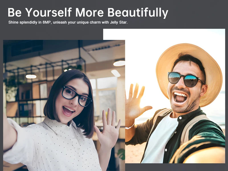 Unihertz mini smartphone android 13 showing two selfie examples of woman indoors and man at beach