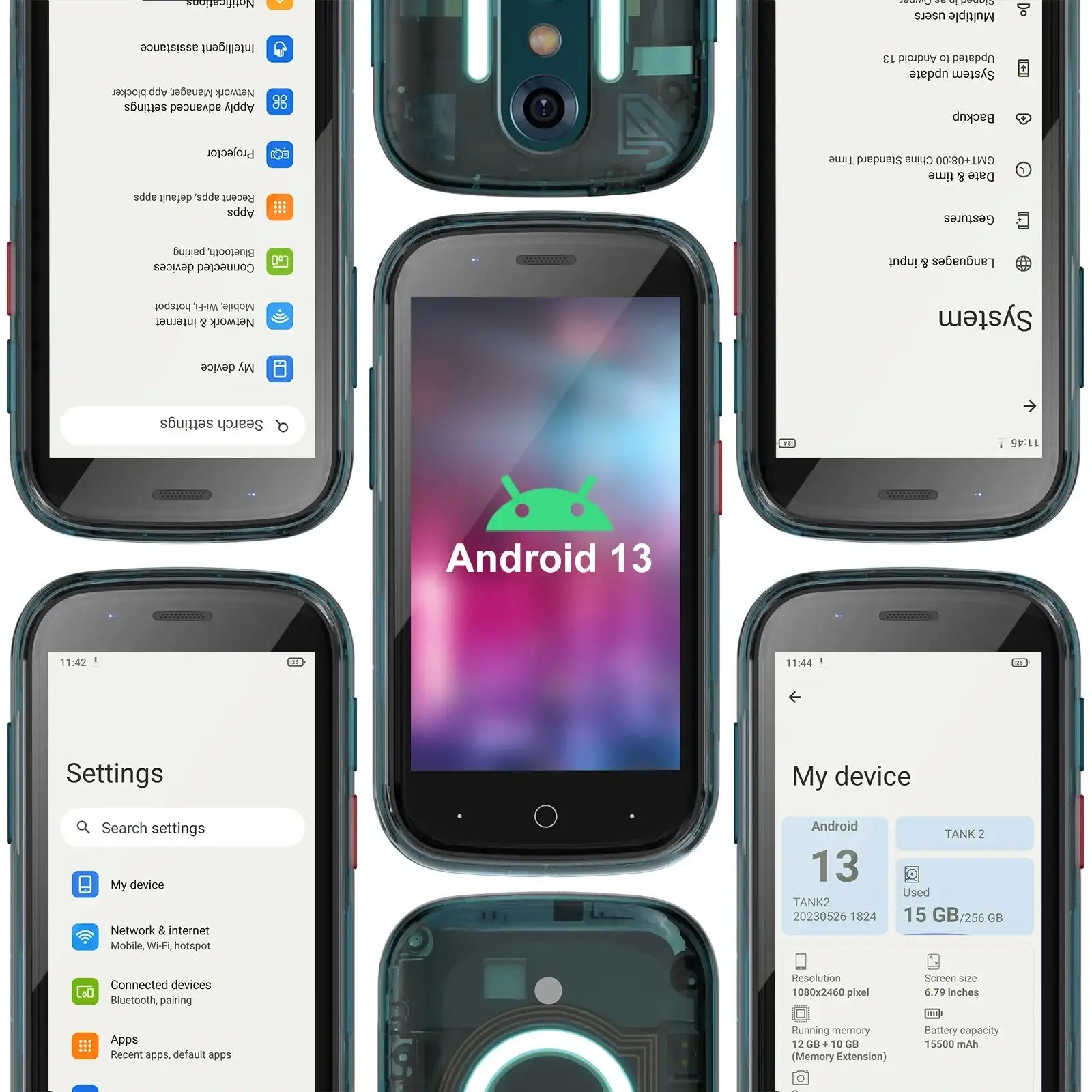 Unihertz compact device collage showing front and back views and settings screens highlighting mini smartphone android 13