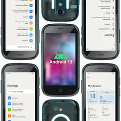 Unihertz compact device collage showing front and back views and settings screens highlighting mini smartphone android 13