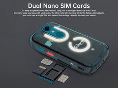 Unihertz Jelly Star transparent teal mini smartphone android 13 with glowing rear lights and dual nano SIM tray