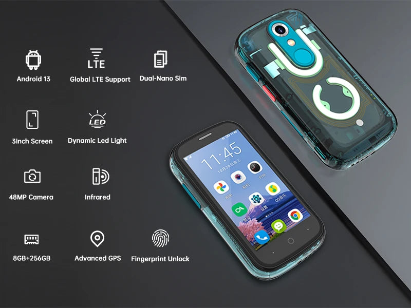 Unihertz transparent teal mini smartphone android 13 showing front 3 inch screen rear LED design and feature icons