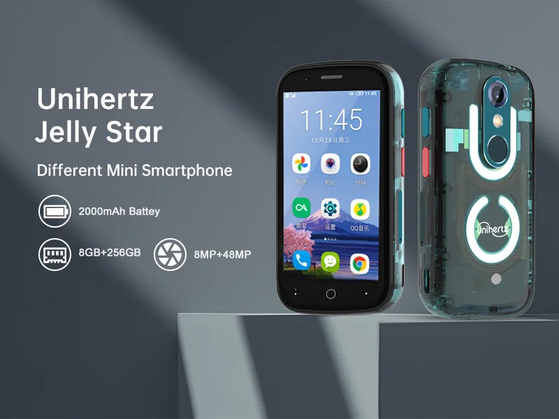Unihertz Jelly Star mini smartphone android 13 with translucent back dual camera and compact front display