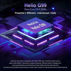 Unihertz Helio G99 chipset illustration glowing on circuit board highlighting performance for mini smartphone android 13