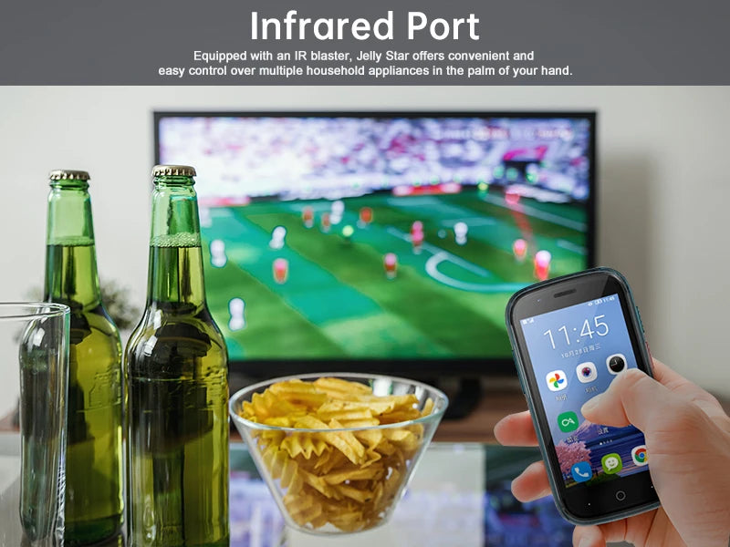 Unihertz mini smartphone android 13 used as infrared remote controlling TV in living room with beers and chips