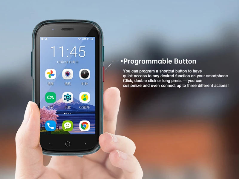 Unihertz compact handheld mini smartphone android 13 with home screen and programmable shortcut button in hand