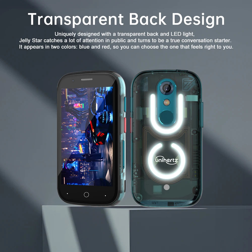 Unihertz Jelly Star mini smartphone android 13 with transparent back and glowing LED rings showing front and rear views