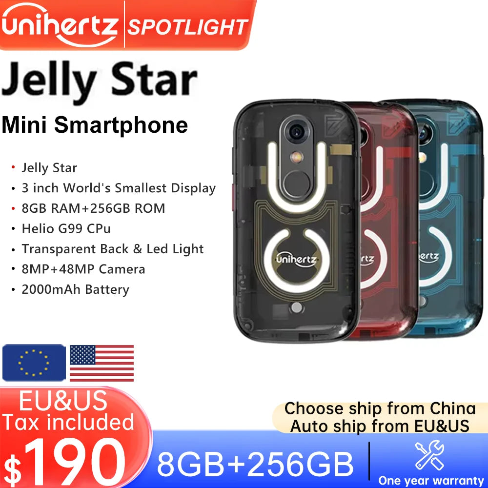 Unihertz Jelly Star mini smartphone android 13 with transparent back and LED ring in black red and blue 3 inch display 8GB 256GB