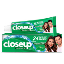 Closeup Triple Fresh Gel toothpaste tube, green menthol fresh 24-hour fresh breath