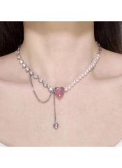 Huitich heart pendant pearl necklace with mixed silver chain and pink heart charm