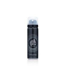 Black perfumed spray bottle with white logo and light blue cap