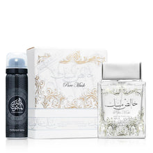 Perfumed spray can, white Pure Musk box, and clear musk bottle set
