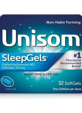 Unisom SleepGels nighttime sleep aid box, 32 liquid-filled softgels